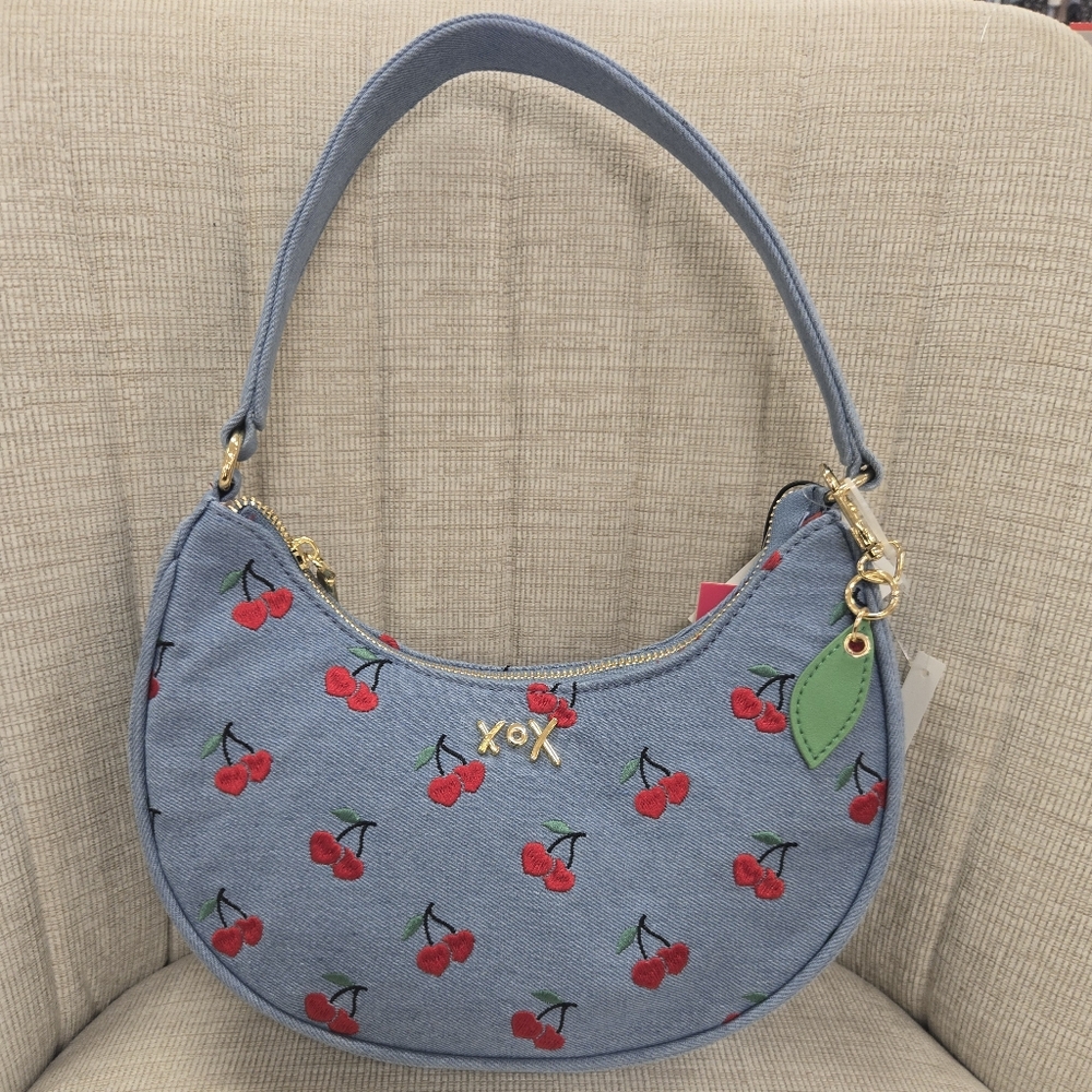 Betsey Johnson Cherry Denim Crescent Shoulder Handbag - Picture 1 of 5
